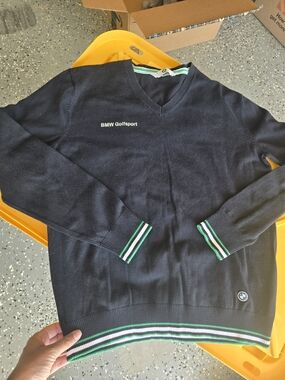 BMW Navy V-Neck Golf Sweater with Green and White Trim